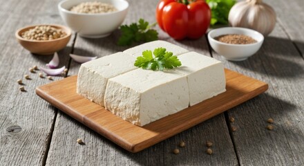 Block of firm tofu on a wooden board, surrounded by ingredients