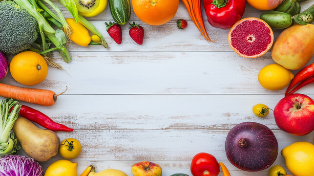 Close-up of fresh vegetables and fruits arranged on a wooden table, symbolizing healthy blood pressure foods and anti-aging