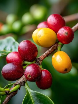 Ripe and unripe coffee cherries growing on branch