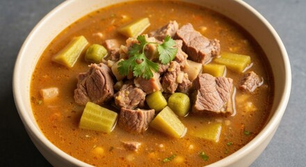 Bowl of hearty, spiced soup. Chopped meat, vegetables, and grains sit atop a rich broth