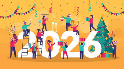Joyful people celebrate new year 2026 with gifts, sparklers, and festive decorations creating vibrant holiday cheer