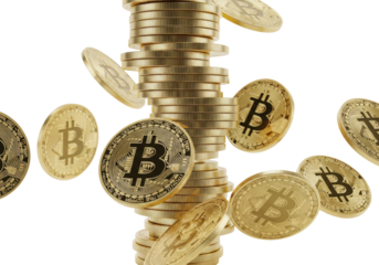 photorealistic gold bitcoin tokens dynamically stacking and tumbling mid-fall, featuring ultra-detailed texture and volumetric light on a pure white background. concept of volatile wealth and finance