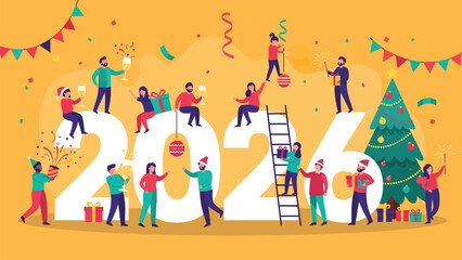 Joyful people celebrate New Year's Eve 2026 with champagne, gifts, and festive decorations creating vibrant holiday cheer