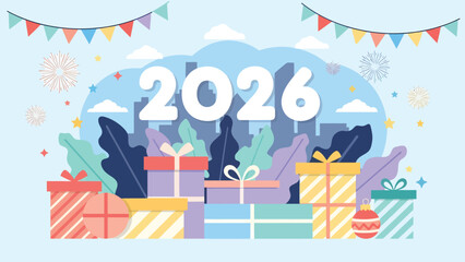 Celebrate the New Year 2026 with festive gifts, fireworks, and city skyline creating a vibrant holiday atmosphere.