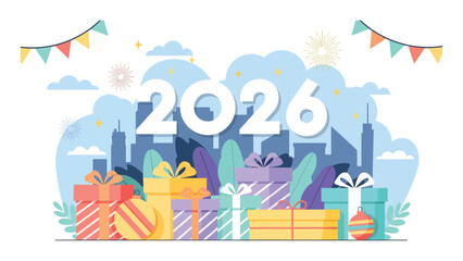Celebrate the vibrant arrival of 2026 with a cityscape backdrop, festive decorations, and a bounty of colorful gift boxes, perfect for New Year's promotions.