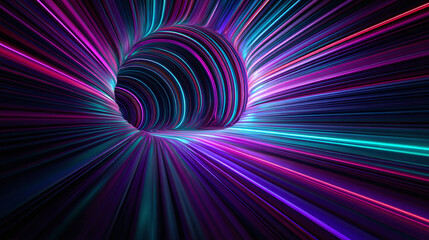 A vibrant tunnel of light with neon colors. The tunnel is formed by streaks of light, creating a sense of movement and depth