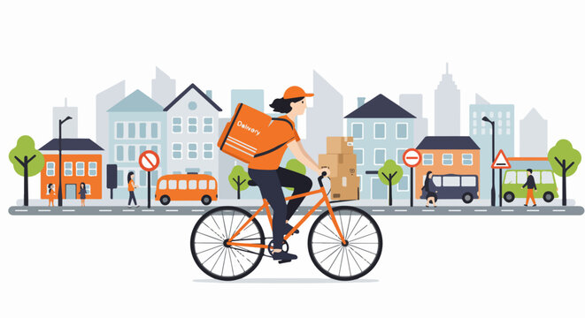 Delivery person on a bicycle in a vibrant urban setting, carrying packages. An illustration of eco-friendly city logistics and express shipping services.