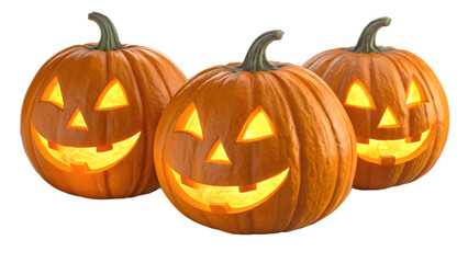 Three Jack-o&rsquo;-Lantern Pumpkins. Isolated on a Transparent Background