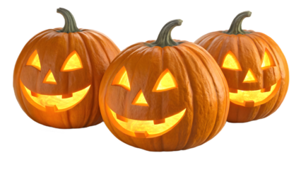 Three Jack-o’-Lantern Pumpkins. Isolated on a Transparent Background
