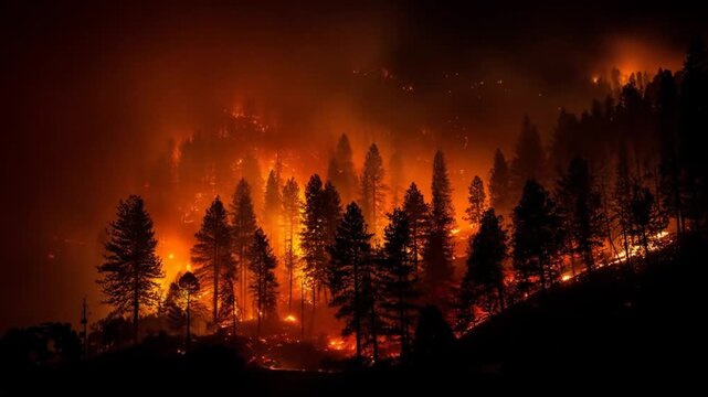A dramatic scene of a wildfire engulfing a forest at night, with flames illuminating the trees and smoke billowing into the sky, showcasing the intensity of nature's fury