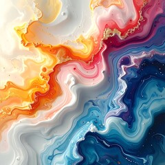 Fototapeta premium Abstract fluid art swirling blend of orange, red, white, and blue, creates an elegant, organic pattern