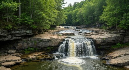 Cascading waterfall in a lush forest setting
