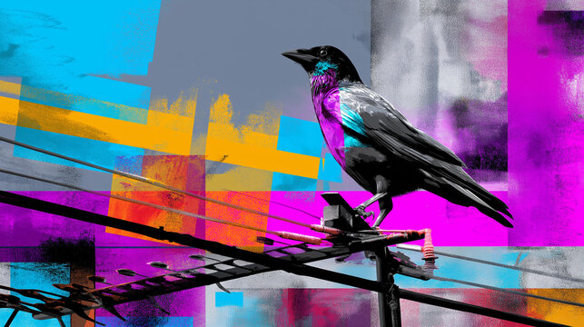 A cyberpunk raven perched on a neon antenna, bold stencil lines, layered spray textures, cyan&ndash;magenta&ndash;yellow palette, grainy urban background, rough edges, street-art vibe, graphic shadows