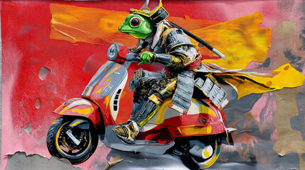 A frog dressed as a medieval samurai riding a tiny scooter, expressive stencil contours, layered paint splashes, vibrant red&ndash;aqua&ndash;yellow accents, torn paper collage texture, gritty street mural feel
