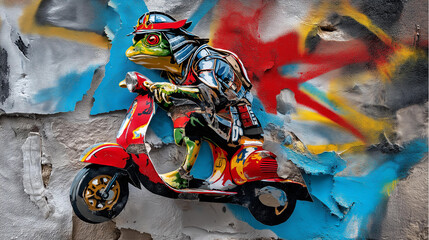 A frog dressed as a medieval samurai riding a tiny scooter, expressive stencil contours, layered paint splashes, vibrant red&ndash;aqua&ndash;yellow accents, torn paper collage texture, gritty street mural feel