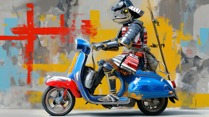A frog dressed as a medieval samurai riding a tiny scooter, expressive stencil contours, layered paint splashes, vibrant red&ndash;aqua&ndash;yellow accents, torn paper collage texture, gritty street mural feel