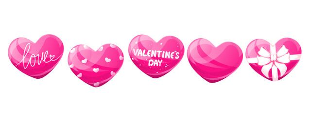 Set of various hearts for Valentine's Day. Pink hearts on a white background. Vector illustration.