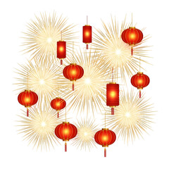 Vibrant celebration with glowing lanterns and radiant fireworks illuminating the night