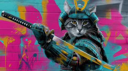 A cat in futuristic samurai armor holding a glowing katana, bold stencil silhouettes, contrasting teal&ndash;pink&ndash;yellow layers, splattered graffiti textures, metallic paint feel, neon urban wall