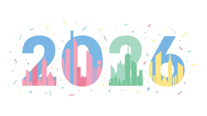 Vibrant 2026 cityscape design with colorful confetti celebrating future innovation and urban growth, perfect for New Year's promotions