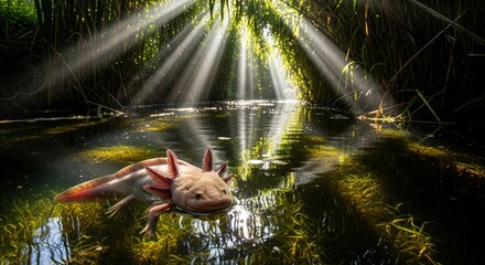 Axolotl in its Natural Habitat in Xochimilco Canals