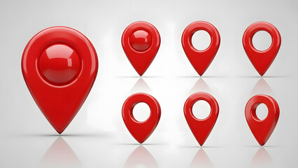 Red Location Map Pins Set on Glossy Background.