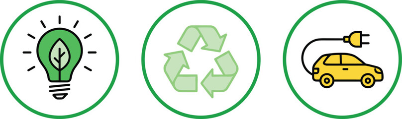 Obraz premium Eco icons, green energy, recycling symbol, electric car, sustainability concept, clean transport, environmental design, circular badge