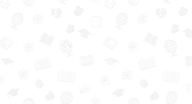 A subtle white background pattern featuring light gray line art icons related to education and science.