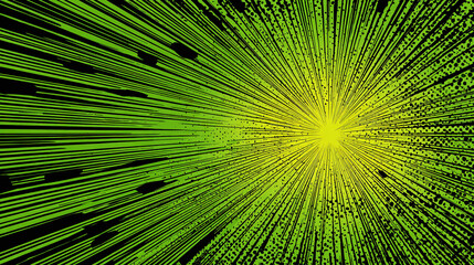 Abstract green energy explosion, with radiating lines emanating from a central point. The illustration exudes dynamic energy and vibrancy. 