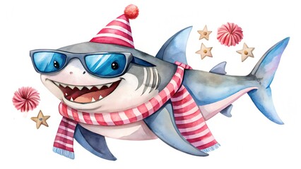 Festive cartoon shark wearing a santa hat and scarf with holiday decorations
