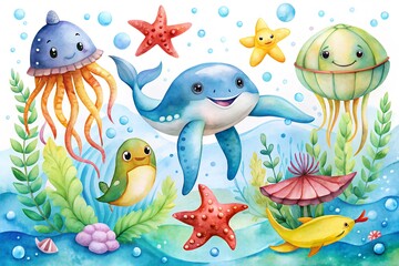Charming watercolor illustration of happy sea creatures in a vibrant underwater world