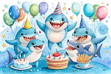 Cheerful cartoon sharks celebrate a birthday with balloons and festive treats