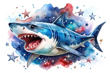 Watercolor painting of a great white shark with a cosmic galaxy background and stars