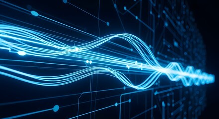 Abstract blue light waves representing data flow and digital communication across a dark, circuit-like background.
