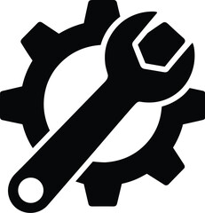 Bold black gear and wrench icon representing mechanical repair, system maintenance, engineering tools, technical support services, configuration, and industrial operations.