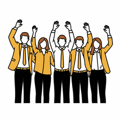 Minimal Bold-Line Business Team Celebrating Project Milestone with Raised Hands &ndash; Vector Illustration