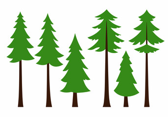 Obraz premium A collection of simple, stylized green pine and spruce trees with brown trunks on a white background, perfect for nature-themed designs and forest illustrations.