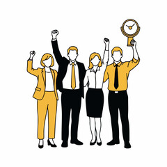 Minimal Bold-Line Business Team Celebrating Project Milestone with Raised Hands &ndash; Vector Illustration