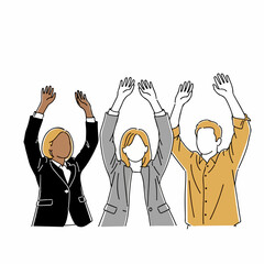 Minimal Bold-Line Business Team Celebrating Project Milestone with Raised Hands &ndash; Vector Illustration
