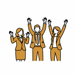Minimal Bold-Line Business Team Celebrating Project Milestone with Raised Hands &ndash; Vector Illustration