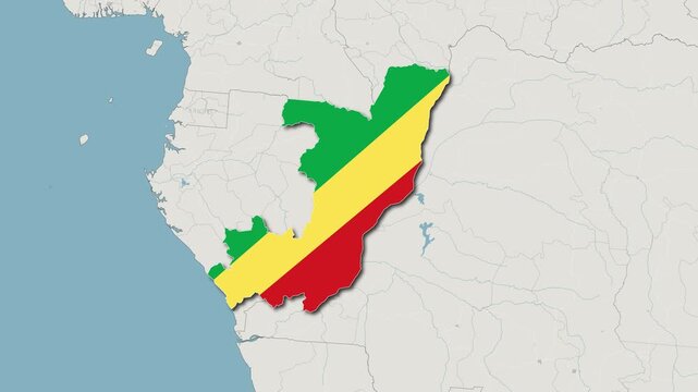 Republic of Congo map with flag colors overlay animation