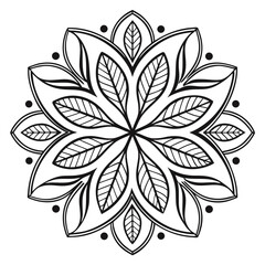 Intricate black and white mandala design with leaf motifs