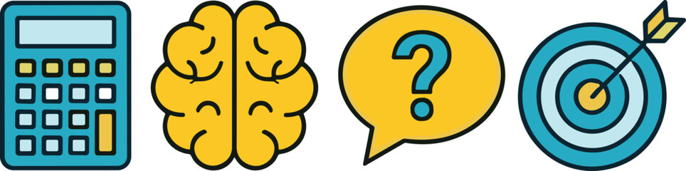 Problem-solving icons, analytical thinking, brain power, question mark, goal achievement, calculator, speech bubble, target icon, strategic success, intelligence symbols, learning tools,