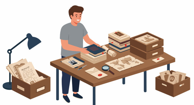 Smiling archivist organizing historical documents, old maps, photographs, and books on a desk, surrounded by boxes of records, performing dedicated research and preservation.