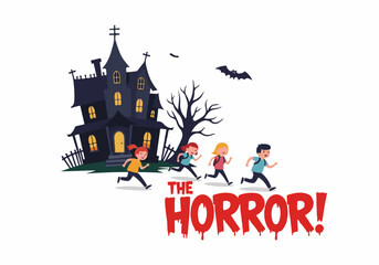 Scared children run from a spooky haunted house with a flying bat, celebrating Halloween with a touch of cartoon horror.