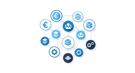 Abstract Network of Business and Technology Icons Connected Symbolizing Data Flow.