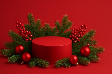 Festive red cylindrical podium with fir branches and christmas ornaments for product display