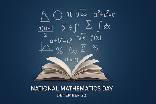 National mathematics day celebration featuring an open book and fundamental formulas - Powered by Adobe