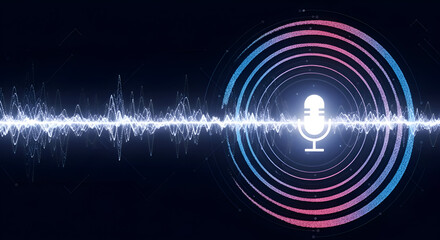 Digital Sound Waveform and Microphone Icon with Concentric Circles.
