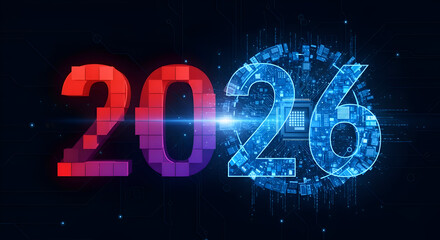 Futuristic Digital Year 2026 Glowing Numbers with Circuitry and Light Effects.